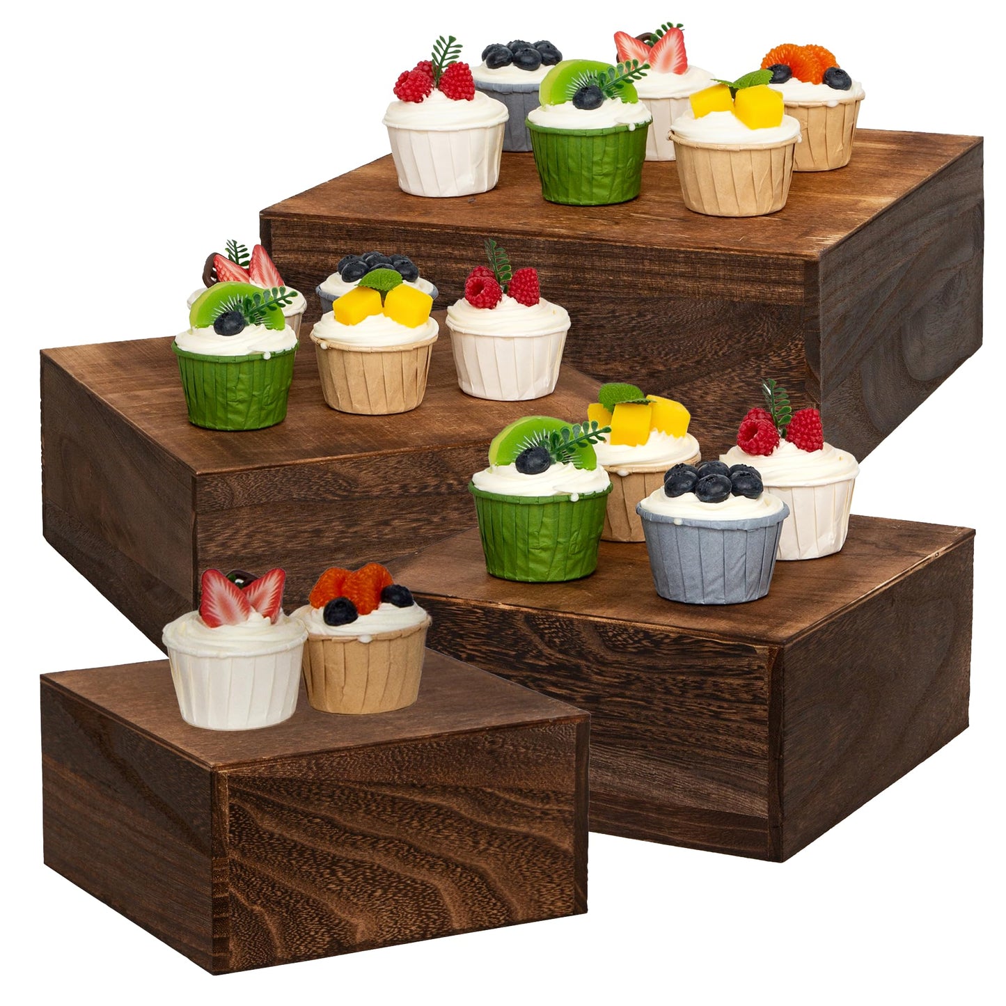 WEASATRY 4 pieces wooden cake stands,antique brown cupcake stands for display,12 inches square wooden crates ,wood display risers for wedding,birthday party,Christmas,etc. (Antique Brown)