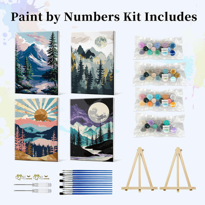 JOOZ 4 Pack Framed Paint by Numbers Kit for Adults, Mountain Sunset Paint by Number with Easel, DIY Moon Lake Adult Paint by Number Kits on Canvas, Landscape Oil Painting Kit for Home Decor 8x12 Inch