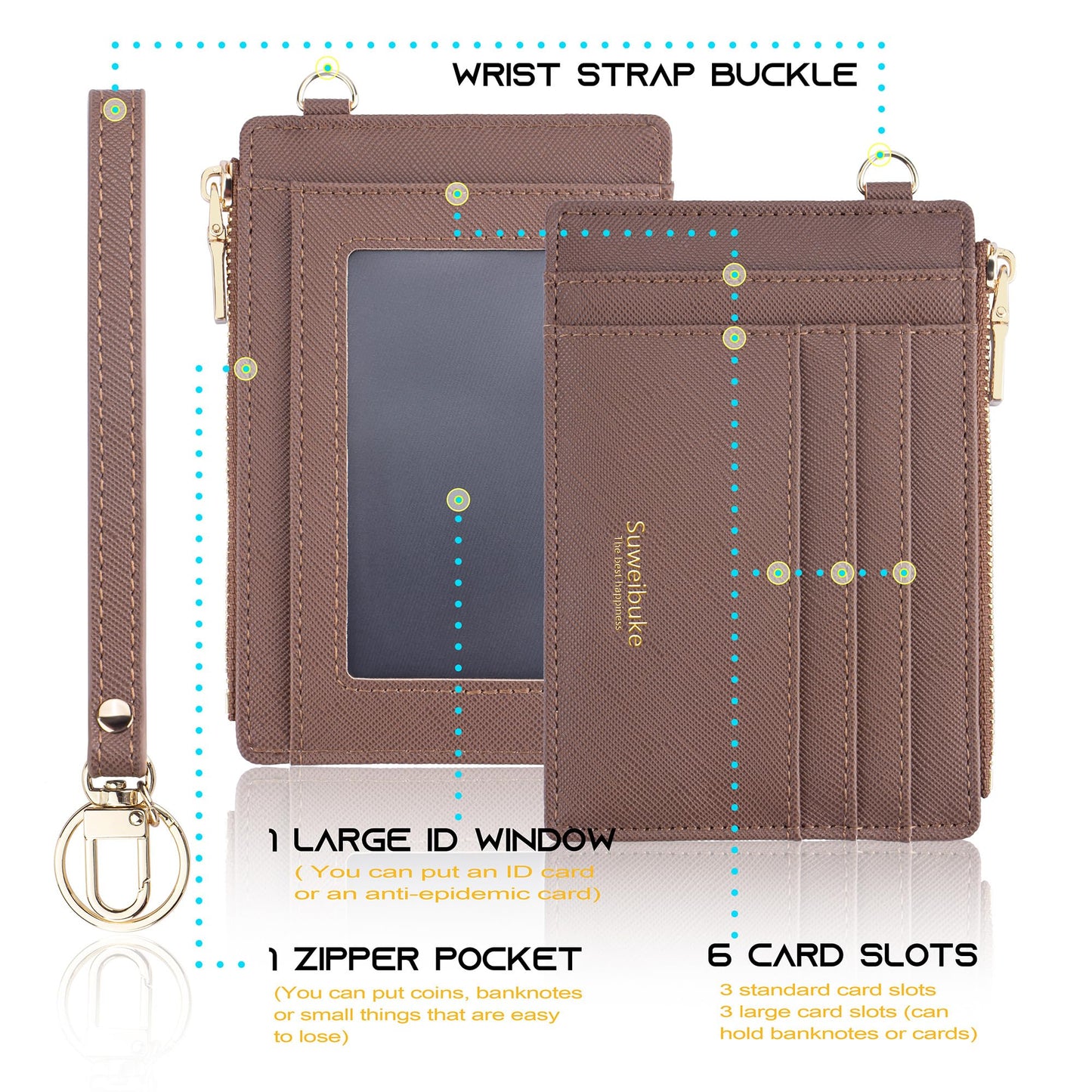 Women Slim Rfid Blocking Credit Card Case Holder Wristlet Zip ID Case Wallet Small Compact Leather Wallet Coin Purse with Keychain (Camel)