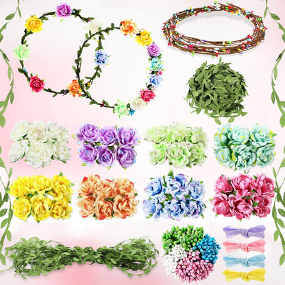 Zeyune 20 Sets Summer Tea Party Favor Flower Crowns Making Kit, Make Your Own Flower Crown Wreath Garland Headbands Craft Kit Handmade DIY Fairy Floral Hair Accessories Gift for Women(Blooming Rose)