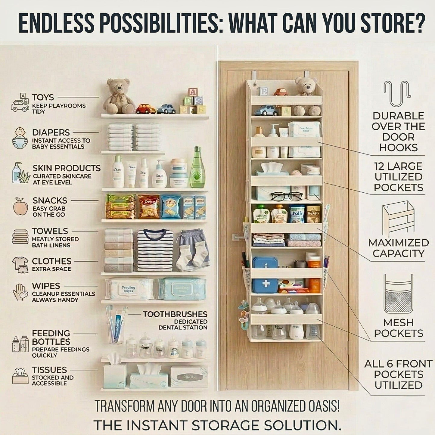 HOMELUX THEORY UPGRADED 6 Tiers Over The Door Organizer Hanging - 100D EXTRA THICK & 50lbs HUGE CAPACITY, 12 Side Mesh Pockets Over The Door Shoe Organizer, Hanging Closet Organizer (Ivory, 1pc)