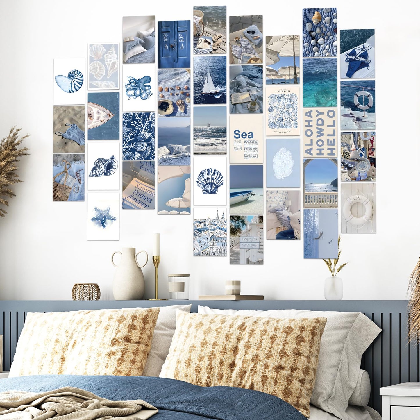FYSUIMU 50Pcs Coastal Wall Collage Kit Art Print Aesthetic Blue Coastal Beach Surf Wall Decor for Bedroom Dorm Preppy Room Home Decor, 4 x 6 Inch