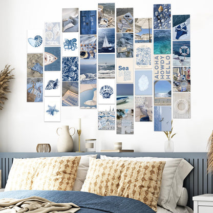 FYSUIMU 50Pcs Coastal Wall Collage Kit Art Print Aesthetic Blue Coastal Beach Surf Wall Decor for Bedroom Dorm Preppy Room Home Decor, 4 x 6 Inch