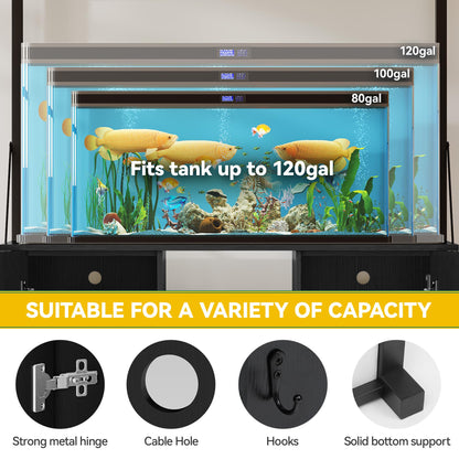 DWVO 40-120 Gallon Fish Tank Stand with Power Outlets, Heavy Duty Aquarium Stand with Storage, Metal Reptile Terrariums Table for Turtle Accessories Storage,1100LBS Capacity, Black