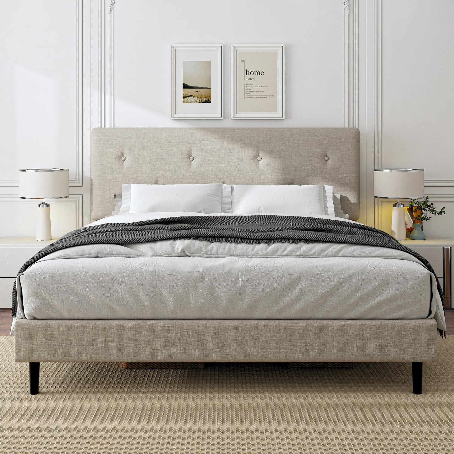 Mxhtcewz King Size Linen Bed Frame, Upholstered Platform Bed Frame with Adjustable Headboard, Wooden Slats Support, Easy Assembly, No Box Spring Needed, Beige