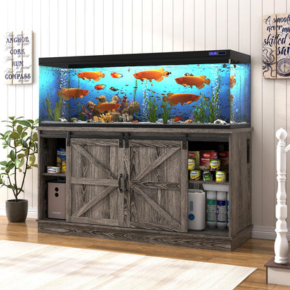 Hlivelood Farmhouse 75-120 Gallon Fish Tank Stand with Power Outlet, Aquarium Stand w/Cabinet&Sliding Barn Door, Heavy Duty Reptile Tank Stand for Fish/Turtle/Reptile Terrarium, 1000LB Capacity, Grey