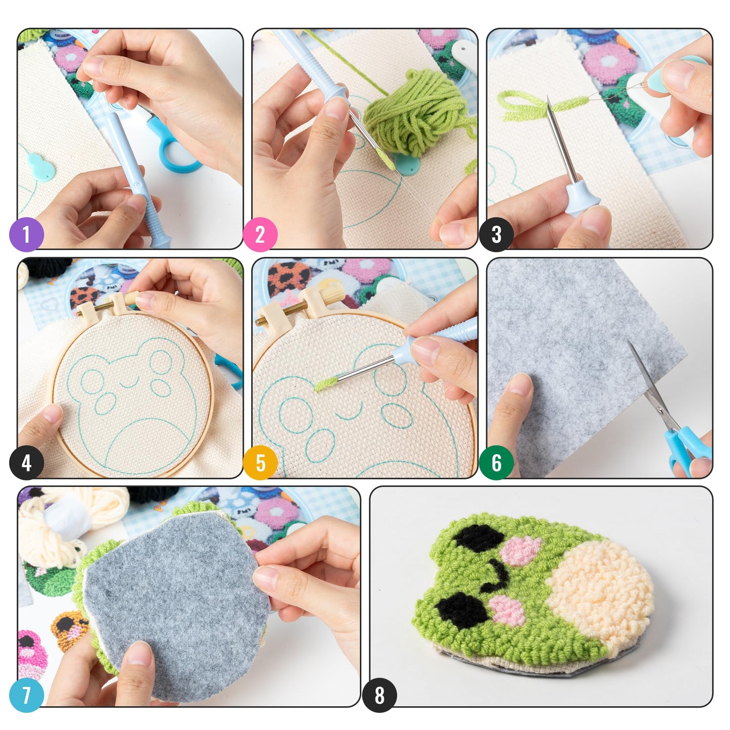 WATINC Frog Punch Needle Coaster Kit - 22Pcs Crafts Punch Needle Coasters Kits for Beginners, Frog Patterns Coaster Tufted Rug Pads with Adhesive Felt Yarns Embroidery Hoop Instruction