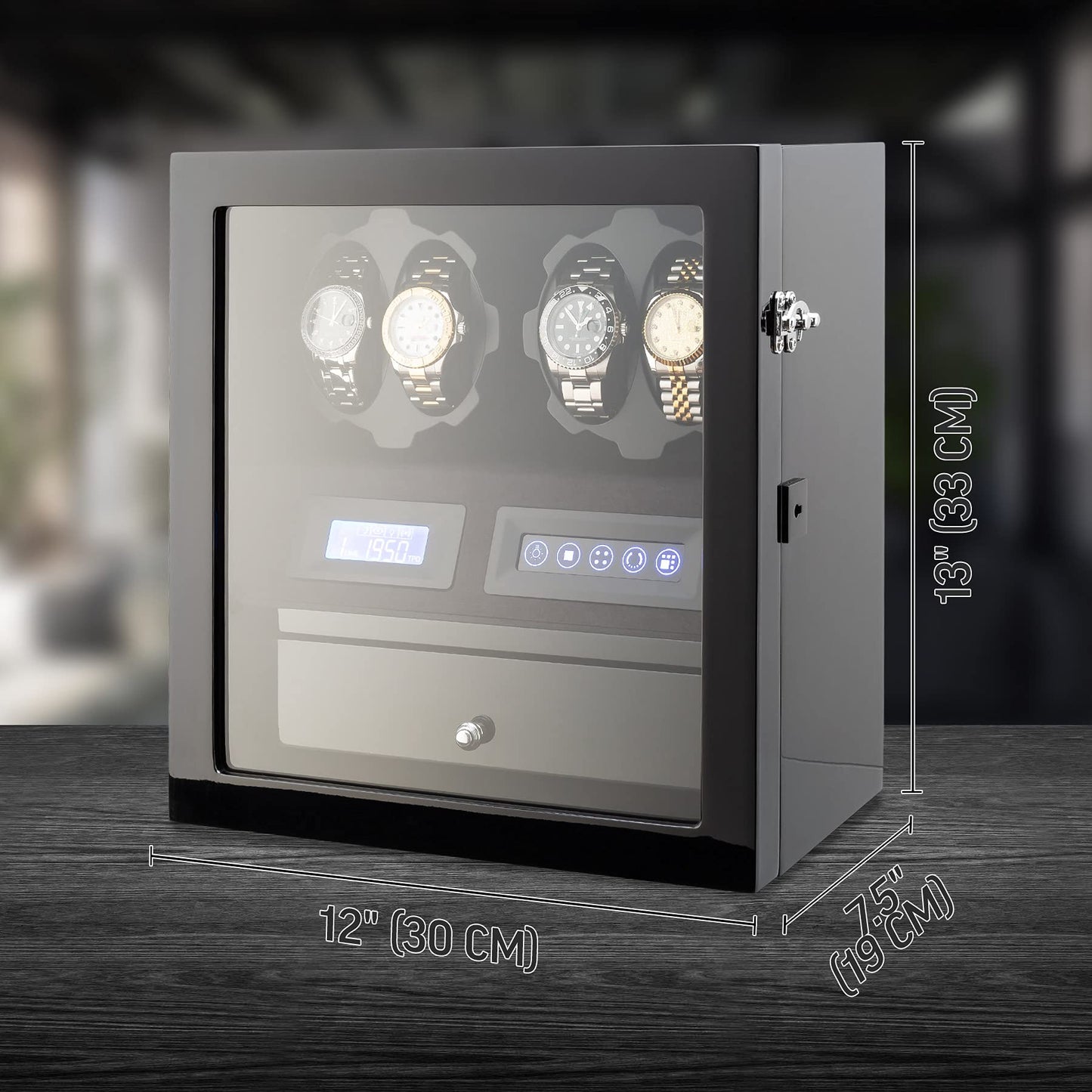 4 Watch Winder with 5 Watch Storage Space, LCD Display, Touch Control and Interior Light (Black + Black)
