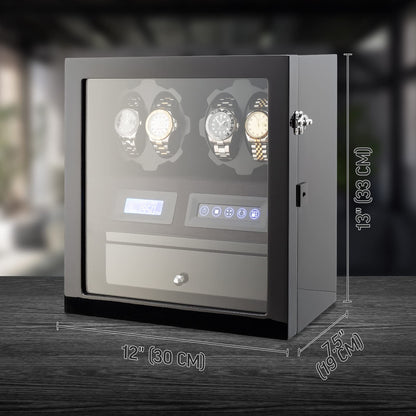 4 Watch Winder with 5 Watch Storage Space, LCD Display, Touch Control and Interior Light (Black + Black Velvet)
