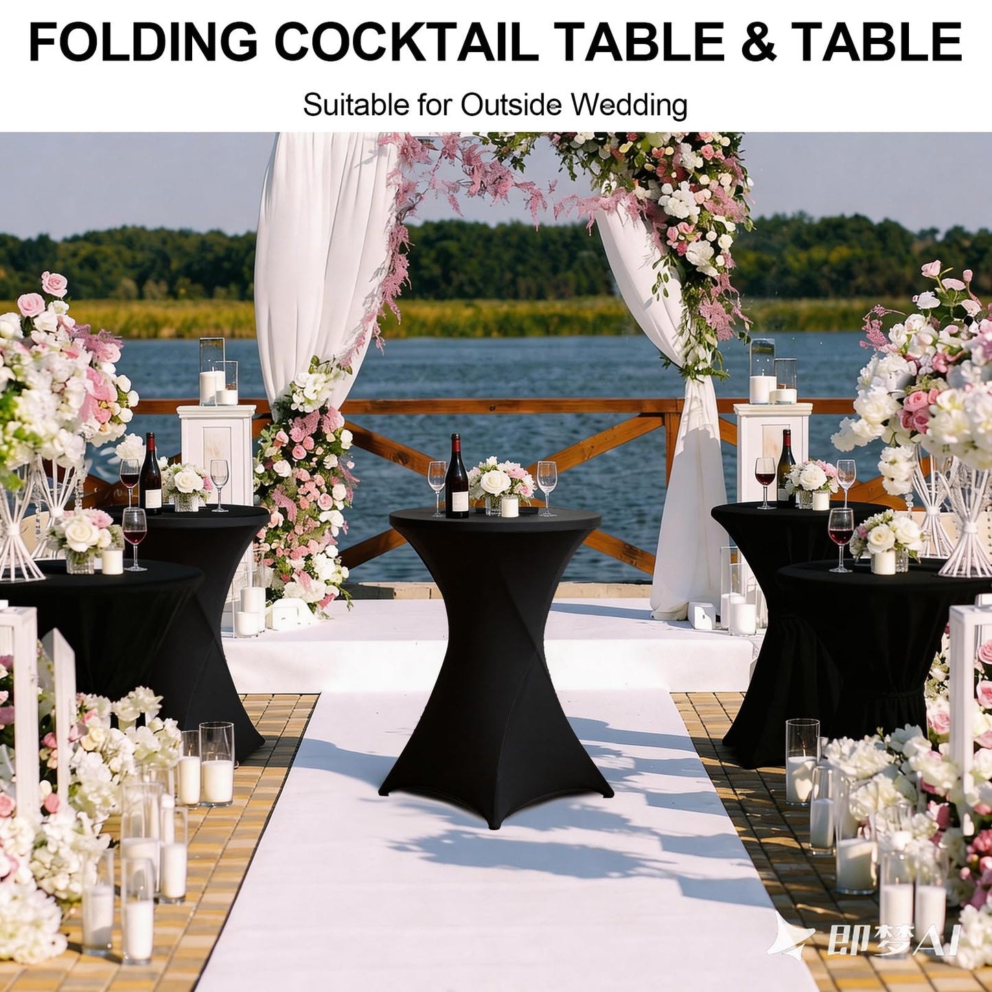 HTVSHEE 2 Set 32" High Top Table Round Folding Cocktail Tables with Removable Legs & 2 Stretch Covers White Tall Bar Table for Wedding Party Patio Events