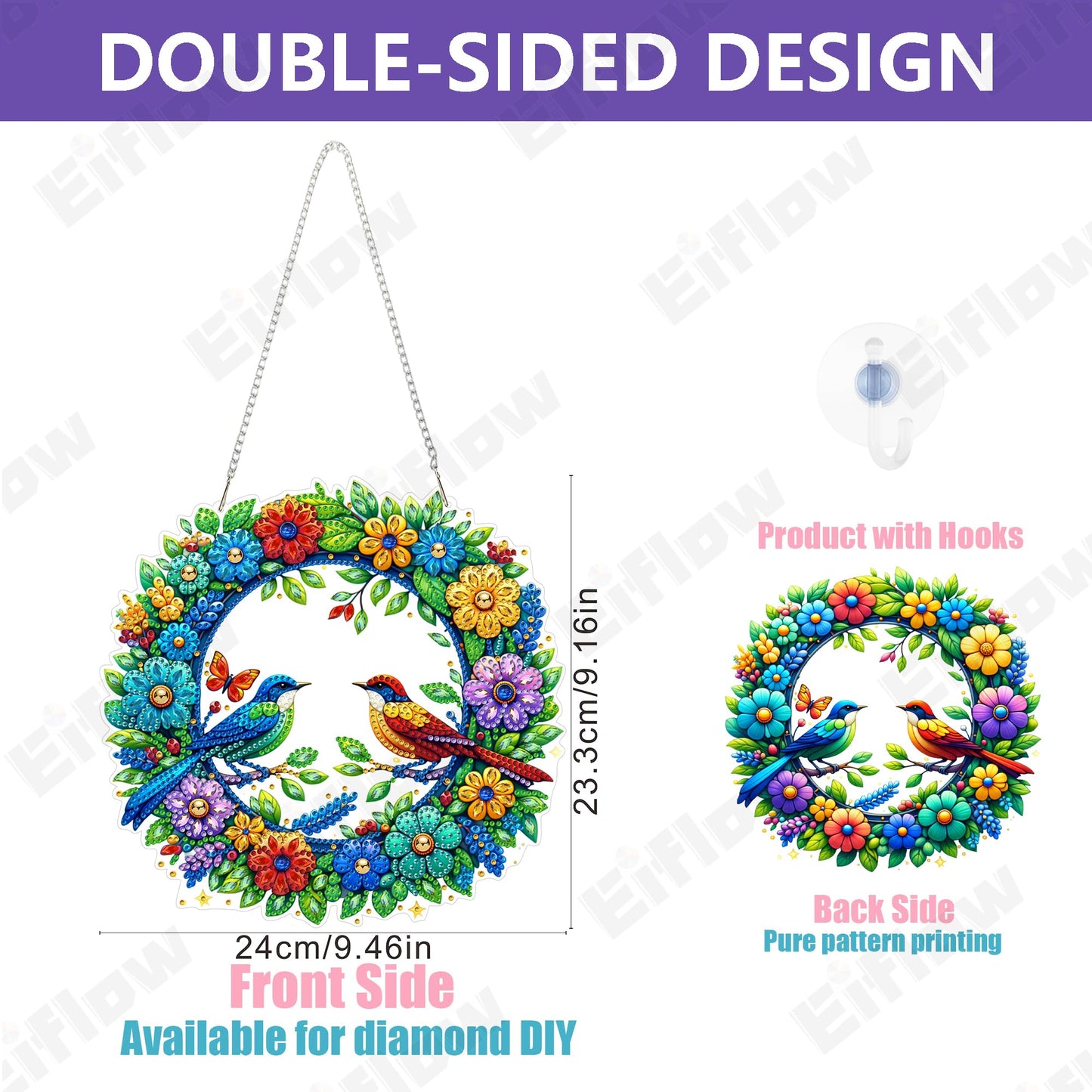Eiflow Acrylic Diamond Art Hanging Kit for Adults Bird, DIY Diamonds Painting Door Hanging Board Kit, Special Crystal Diamond Art Painting Pendant Ornament (Wreath)