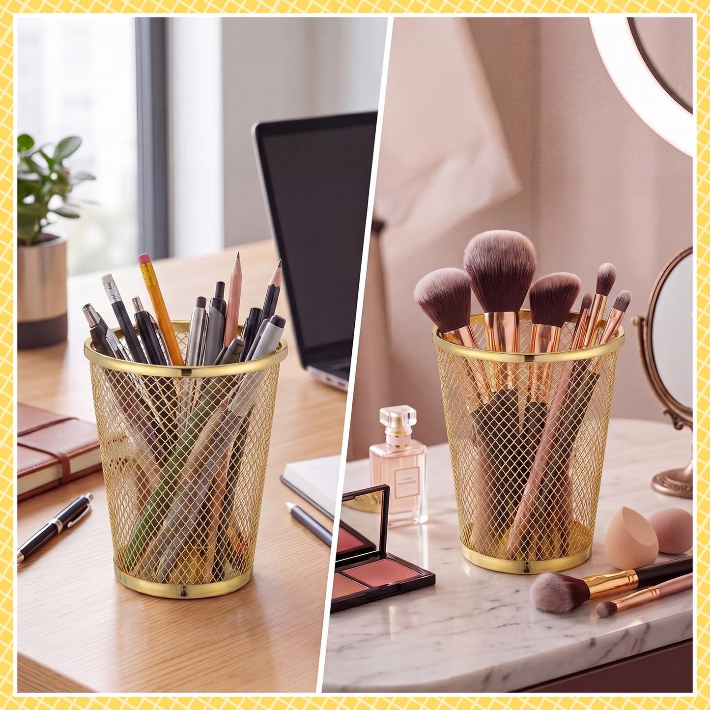 Poola Voidra 6 Pcs Gold Mesh Pen Holders Bulk Metal Pencil Makeup Brushes Cups Back to School Supplies Round Golden Organizer Golden for Desk Home Office Classroom Students Teachers Staff