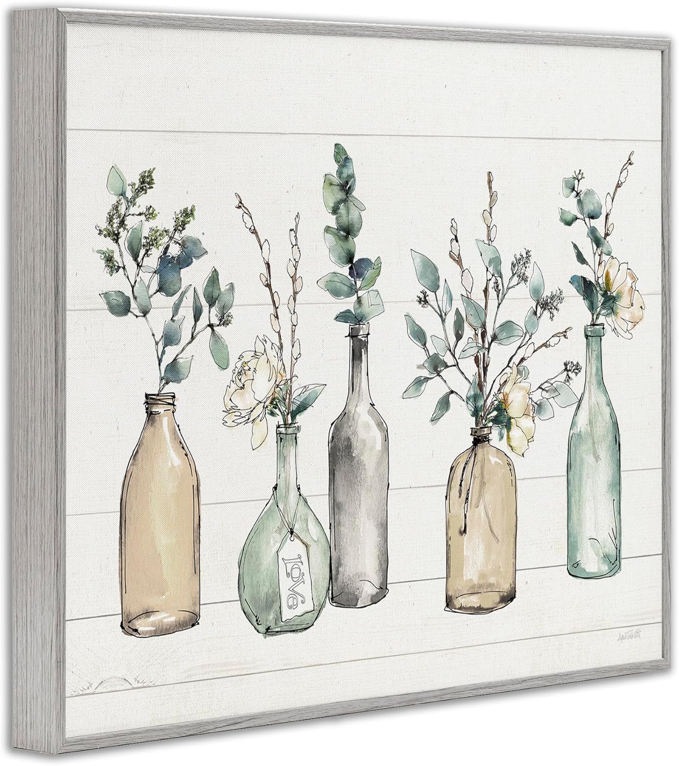 Stupell Industries Bottles and Plants Farm Wood Textured, Design by Anne Tavoletti Wall Art, 11 x 14, Multi-Color for Living Room, Grey Framed