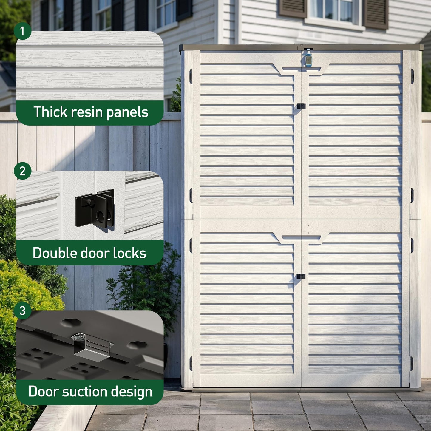 WillowLume 65 Cu.Ft Outdoor Storage Shed, Lockable Outdoor Vertical Resin Storage Cabinet with Floor, All-Weather Waterproof Shed for Garden, Backyard, Pool (65 cu ft)