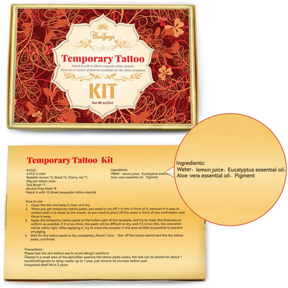 Temporary Tattoo Stencil Kit 10 Sheets (7 Large Hand & Half Arm), 6 Pcs 3 Color Cones (Black/Brown/Cherry Red),Temporary Tattoos for Adults Kids Men Women,DIY Body Art with Stencils