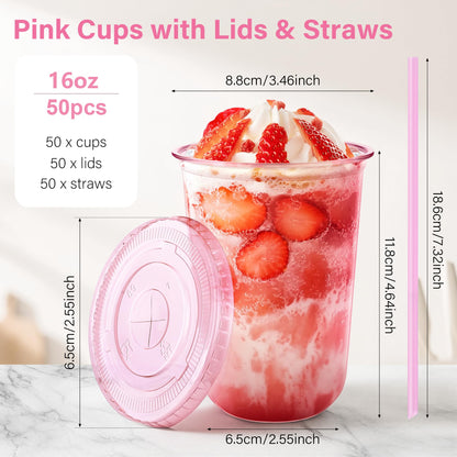 KesaPlan 50 Pack 16 oz Pink Plastic Party Cups with Lids and Straws, Disposable Iced Coffee Cup with Lids, Round Bottom Drinking Cups for Birthday Wedding Valentine's Galentine's Bachelorette Party