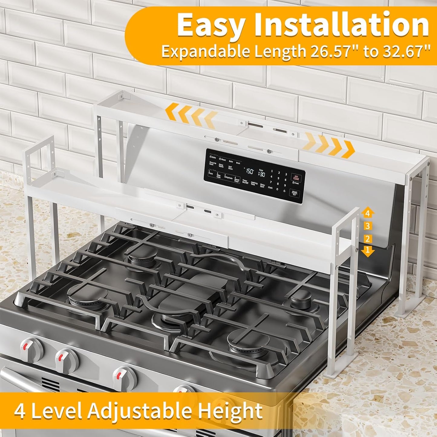 27 33 Inch 4 Countertop, Stove Top Shelf for Curved Stove, Expand to Spice Rack, Level Adjustable Height Spice Shelf
