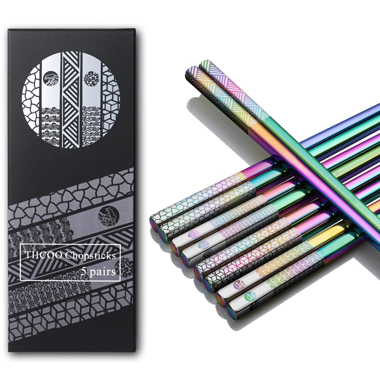 TIICOO Metal Chopsticks Reusable 18/8 Stainless Steel Chopsticks Laser Engraved Premium Titanium Chop Sticks Dishwasher Safe Lightweight Japanese Korean Chopsticks 5 Pairs Gift Set (Rainbow)