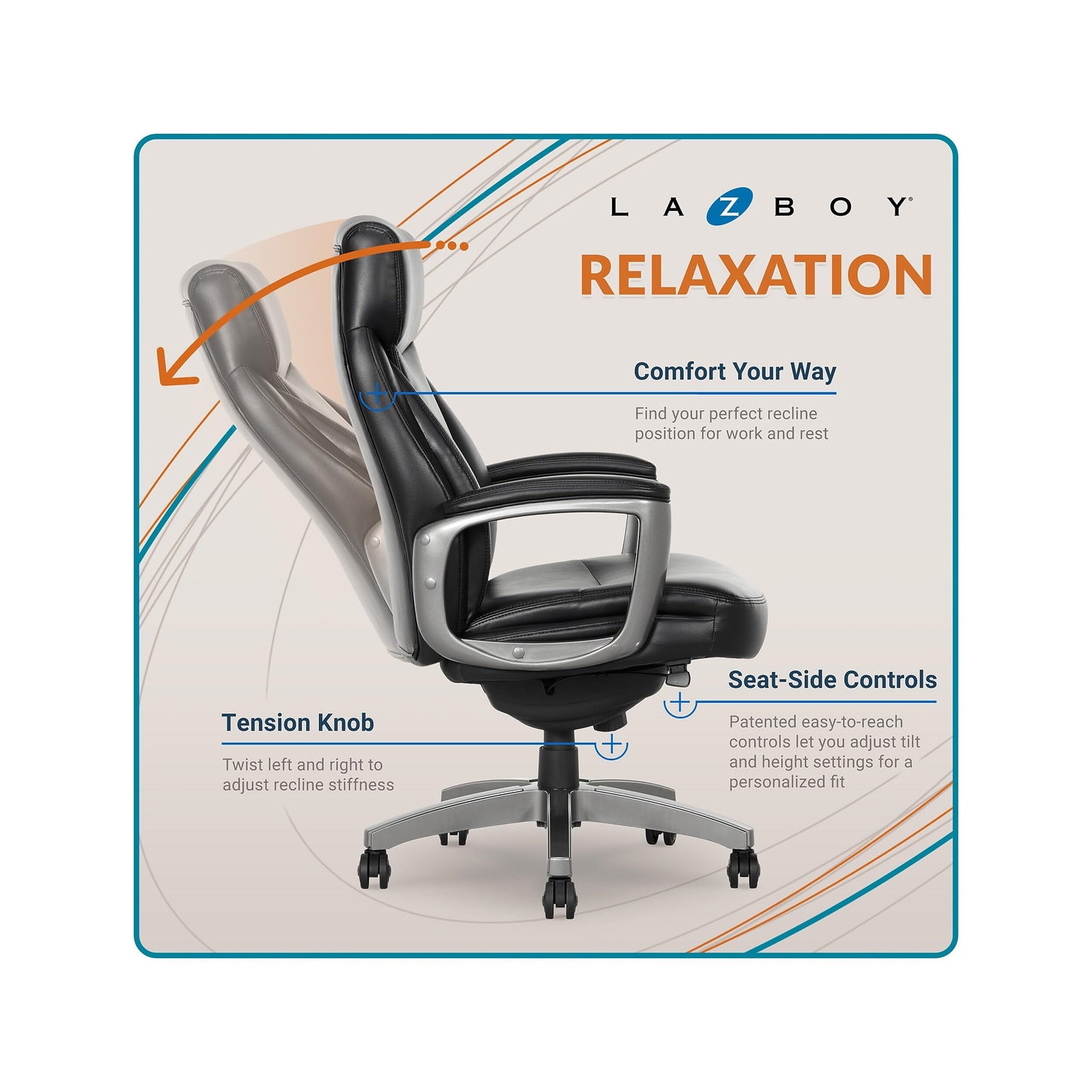 La-Z-Boy Arcadian Ergonomic Executive Chair, Bonded Leather, Black, 29.5D x 28W x 43.25-46.25H inches, 275 lbs Weight Capacity
