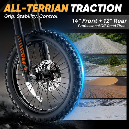 Bopzin Electric Dirt Bike for Teens & Adults - Peak 2600W 38MPH, 14"/12" Tires Agile Off-Road eMotorcycle, 60V 23AH 100+ Miles Range eBike, Full Suspension & Hydraulic Brakes, UL2849 Certified