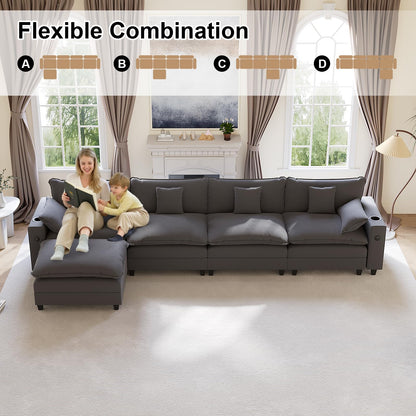 KCGKCG 152" Modular Sectional Sofa, L Shaped Cloud Couch with Movable Ottoman, Chenille Deep Seat Cloud Sofa with Charging Station, Cup Holder, Side Pocket, Sectional Couches for Living Room, Grey
