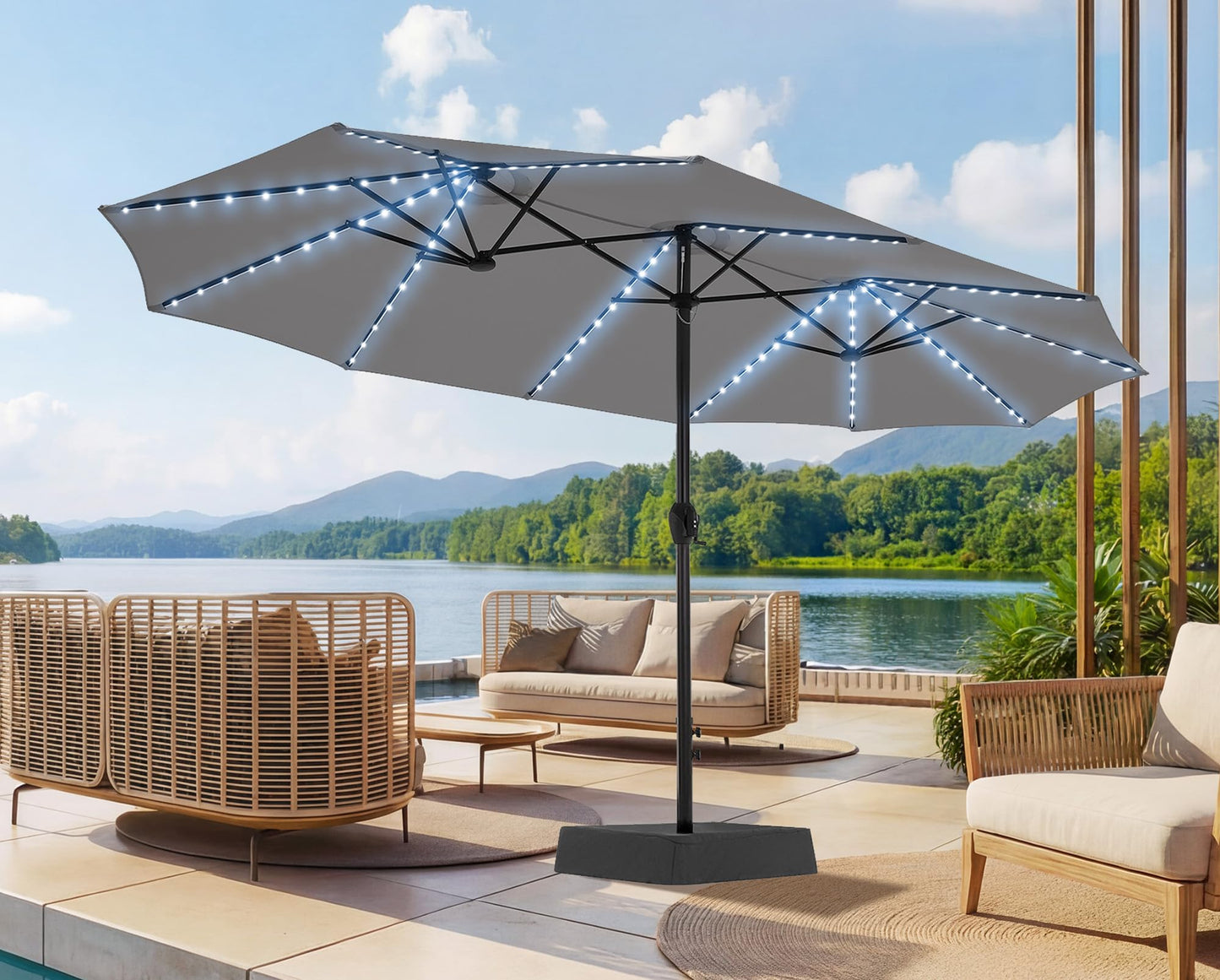 SUPERJARE 15ft Large Patio Umbrella with Base included, Double Sided Outdoor Umbrella with Solar Lights, Pool Umbrella with Fade Resistant Canopy for Deck, Porch, Yard, Balcony, Grey
