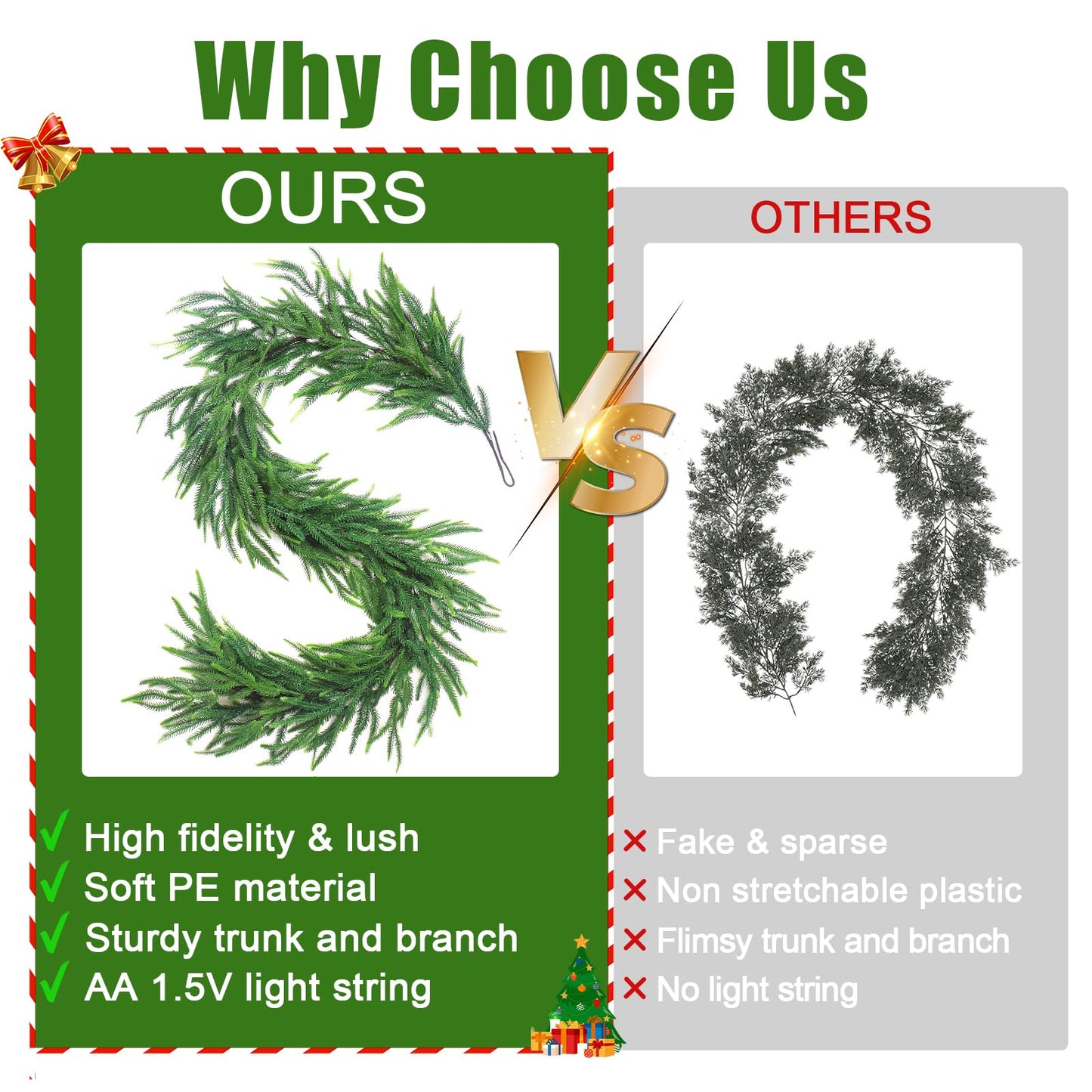 Norfolk Pine Garlands with Light String, 6Ft Artificial Soft Christmas Pine Garland, Green Real Touch Greenery Garland for Table, Mantle, Staires, Wall, Premium Indoor/Outdoor Christmas Decorations
