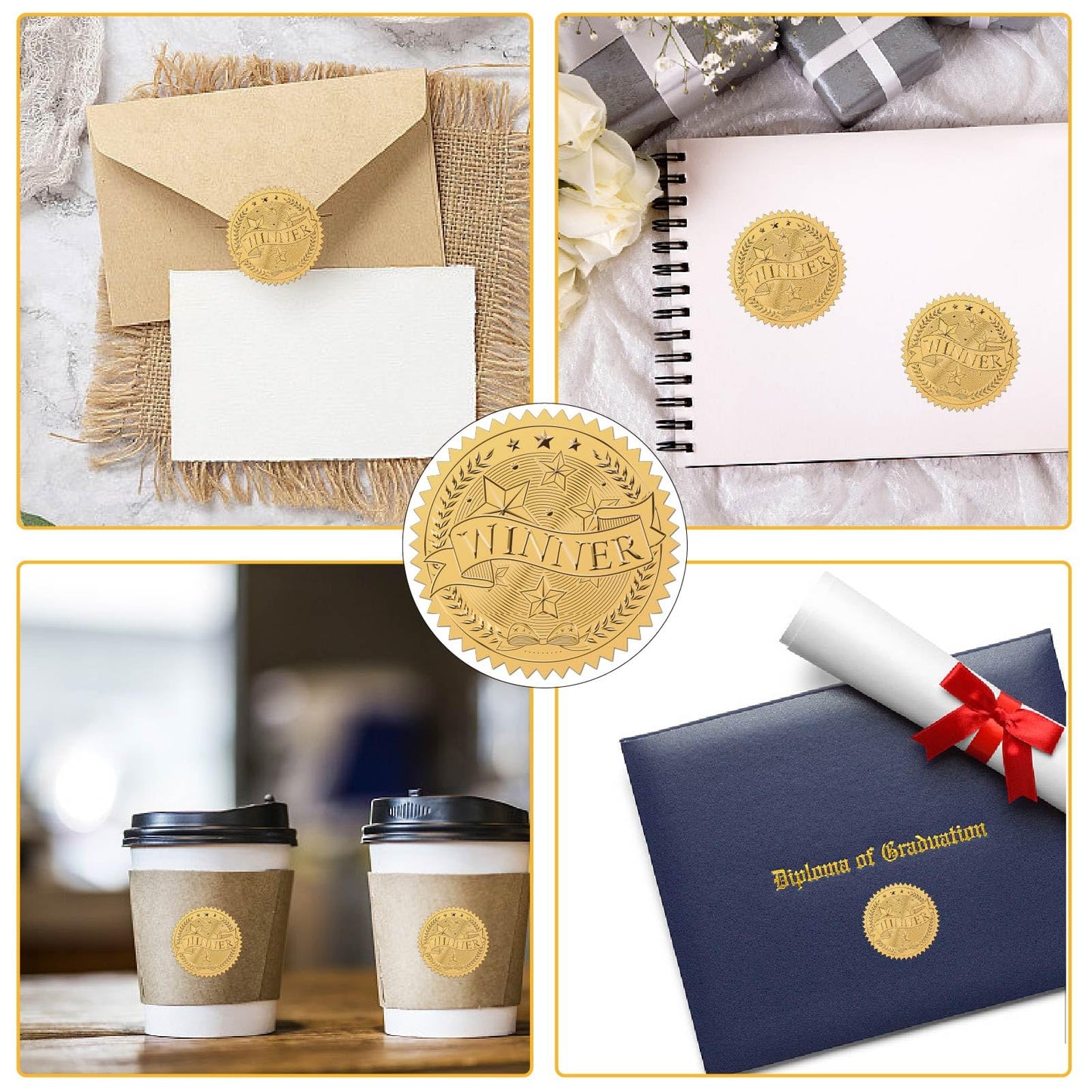 CRASPIRE 408pcs 2 Inch Winner Gold Foil Stickers Word Star Gold Embossed Gold Certificate Seals Self Adhesive Waterproof Round Dot Medal Decoration Label for Gift Packaging Envelope Card Seal