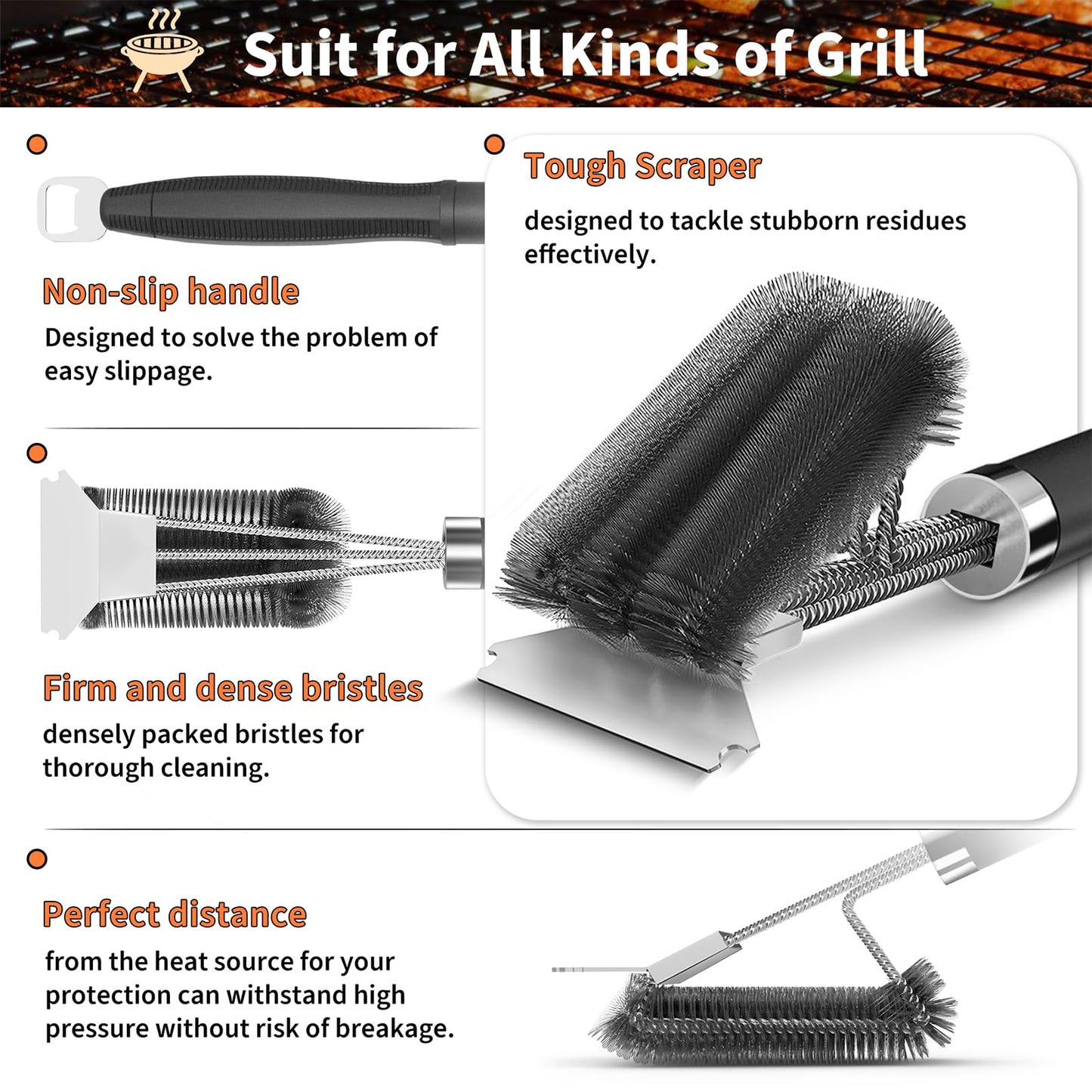 Grill Brush and Scraper-18 Adjustable Handle Safe BBQ Grill Brush for Outdoor Grill-Deep BBQ Clearning Brush wih Bottle Operner Extra Strong Grill Cleaner Accessories for Gas/Charcoal Grilling Grates