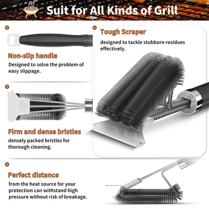 Grill Brush and Scraper-18 Adjustable Handle Safe BBQ Grill Brush for Outdoor Grill-Deep BBQ Clearning Brush wih Bottle Operner Extra Strong Grill Cleaner Accessories for Gas/Charcoal Grilling Grates