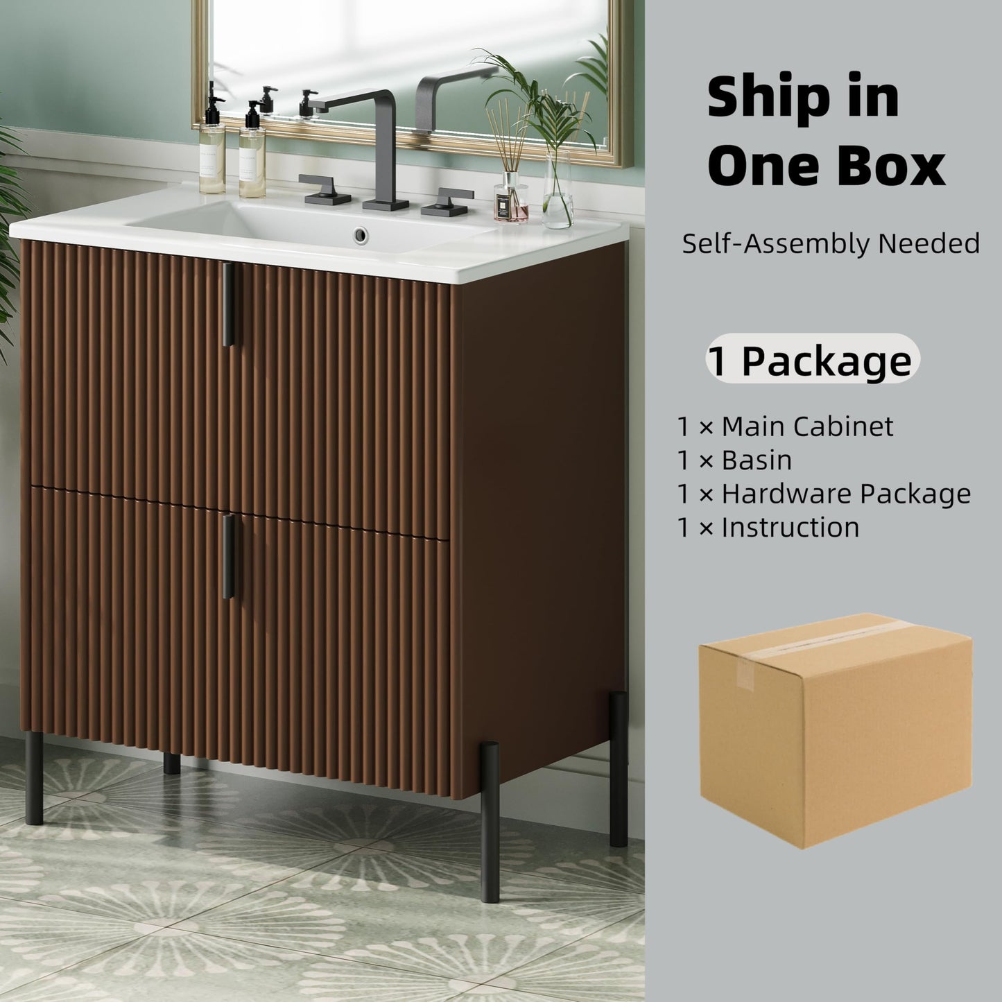 Merax 30" Freestanding Bathroom Vanity with Ceramic Sink, Equipped with Vertical Pulls, Full-Extension Drawers, Soft Close Drawer Slides, Fluted Design, Brown