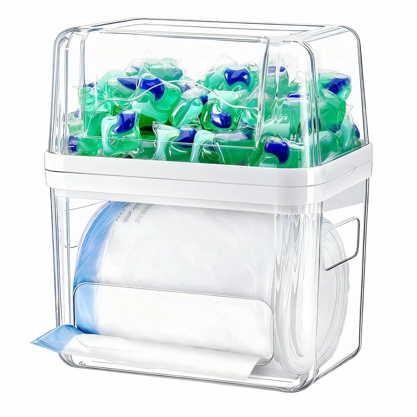 iCASA Trash Bag Dispenser Dishwasher Pod Organizer, 3 in 1 Grocery Garbage Bags Holder Storage Box Clear Laundry Room Pods Dishwasher Tab Cleaner Tablets Container Pantry Kitchen Under Sink Organizers