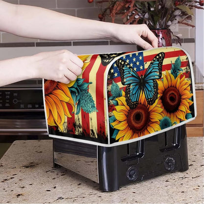 Sunflower Butterfly Print Toaster Cover, 4 Slice American Flag Washable Oven Cover for Kitchen