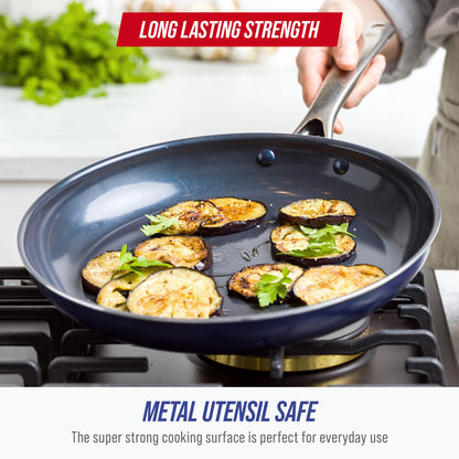 Blue Diamond 12" Nonstick Frying Pan with Lid, Diamond Infused PFAS & PTFE-Free Ceramic Skillet, Dishwasher & Oven Safe, Stay Cool Handle, Durable Non Toxic Metal Utensil Safe, Glass Lid, Blue