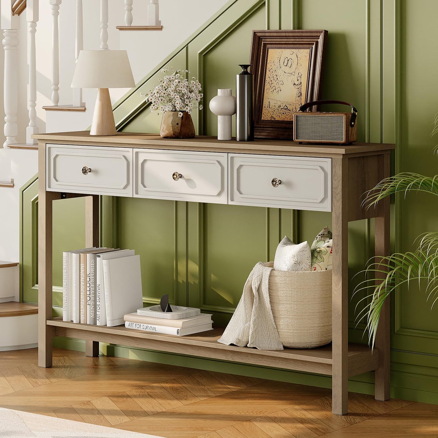 LAZZO Entryway Table with Storage Console Table with 3 Drawers and Open Shelf Behind the Couch Sofa Tables Narrow Long for Entry, Hallway, Foyer, Living Room Brown and White