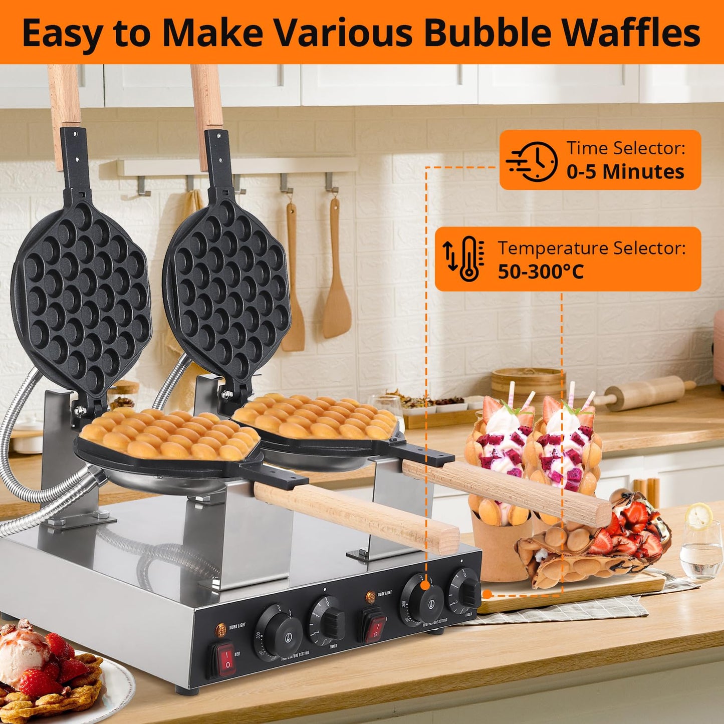 Garvee Electric Bubble Waffle Maker, 2800W Round Waffle Iron Bubble Waffle Maker Non-Stick Egg Machine for Home and Commercial Use, Double