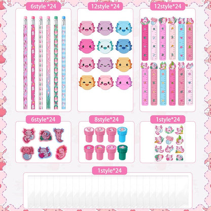 Cholemy 168 Pcs Axolotl Party Favors Axolotl Themed Pencils Notepads Stampers Rulers Erasers Stickers Bags Salamander Stationary School Supplies Kit for Valentines Day Gift Goodie Bag Piñata Filler