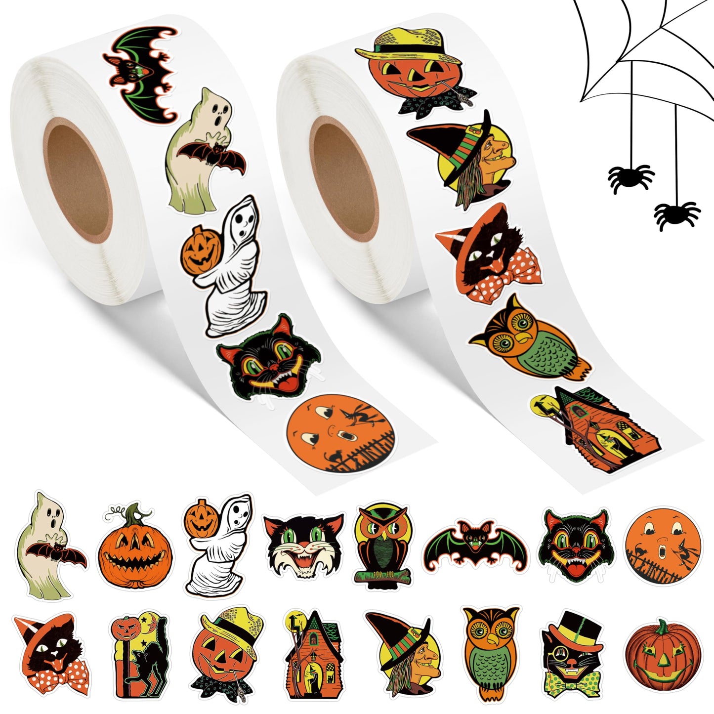 L1rabe Halloween Vintage Sticker Rolls - 1000 Piece Christmas Retro Self-Adhesive Stickers with 16 Designs, Including Pumpkin Black Cat Ghost Witche Decals for Notebooks Scrapbooking Laptop Cup