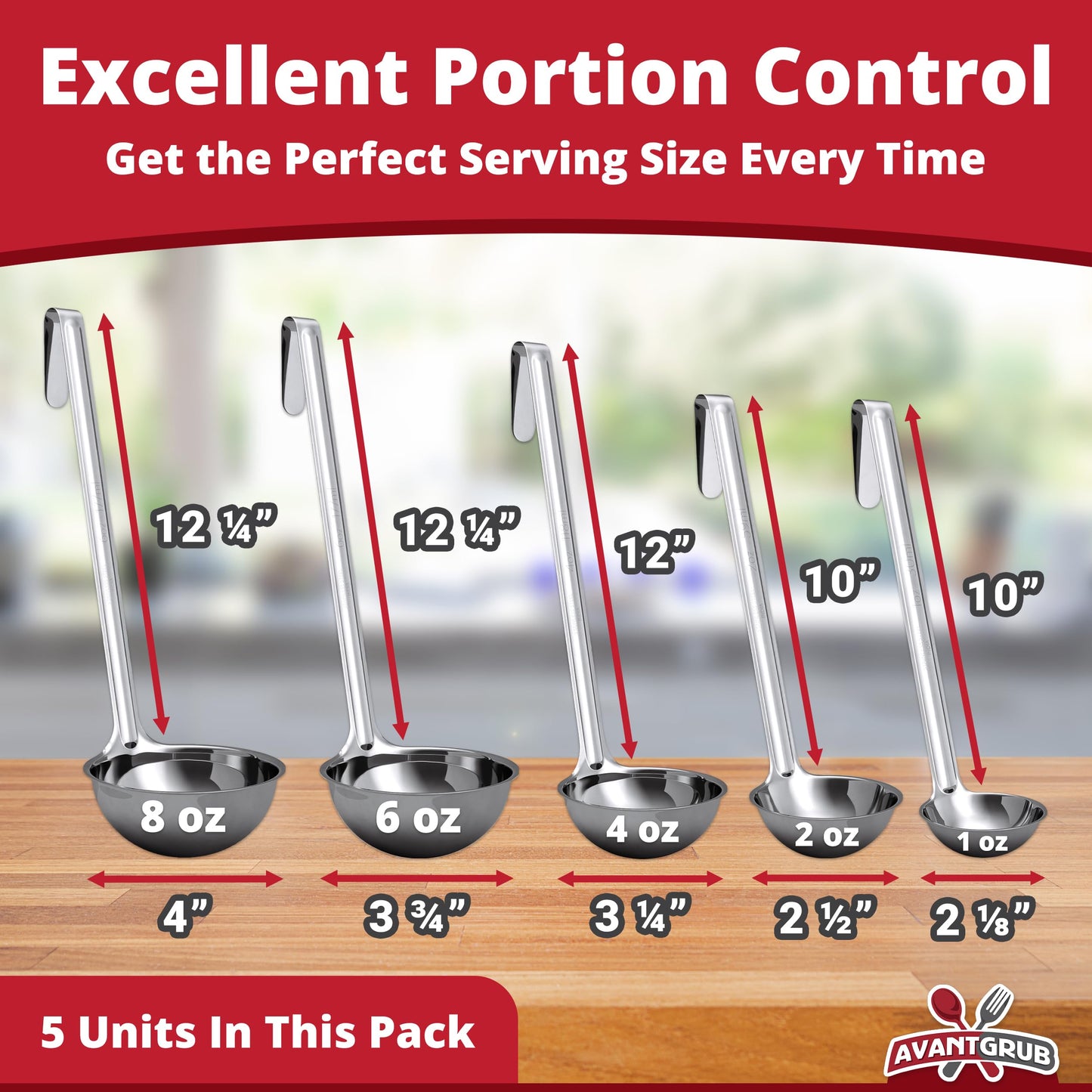 Sturdy, Ergonomic Combo Sizes Ladles 5 Pk. 1 2 4 6 8 Oz Stainless Steel Ladle with Long Handles. Best Kitchen Supplies for Stirring, Portioning and Serving Soup, Chili and Stew in Restaurants and Home