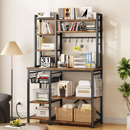 SNTD Baker Rack with Power Outlet - Microwave Stand with Storage, Large Coffee Bar Station with 14 Hooks, Metal Kitchen Shelf Rack for Spices, Pots (Rustic Brown)