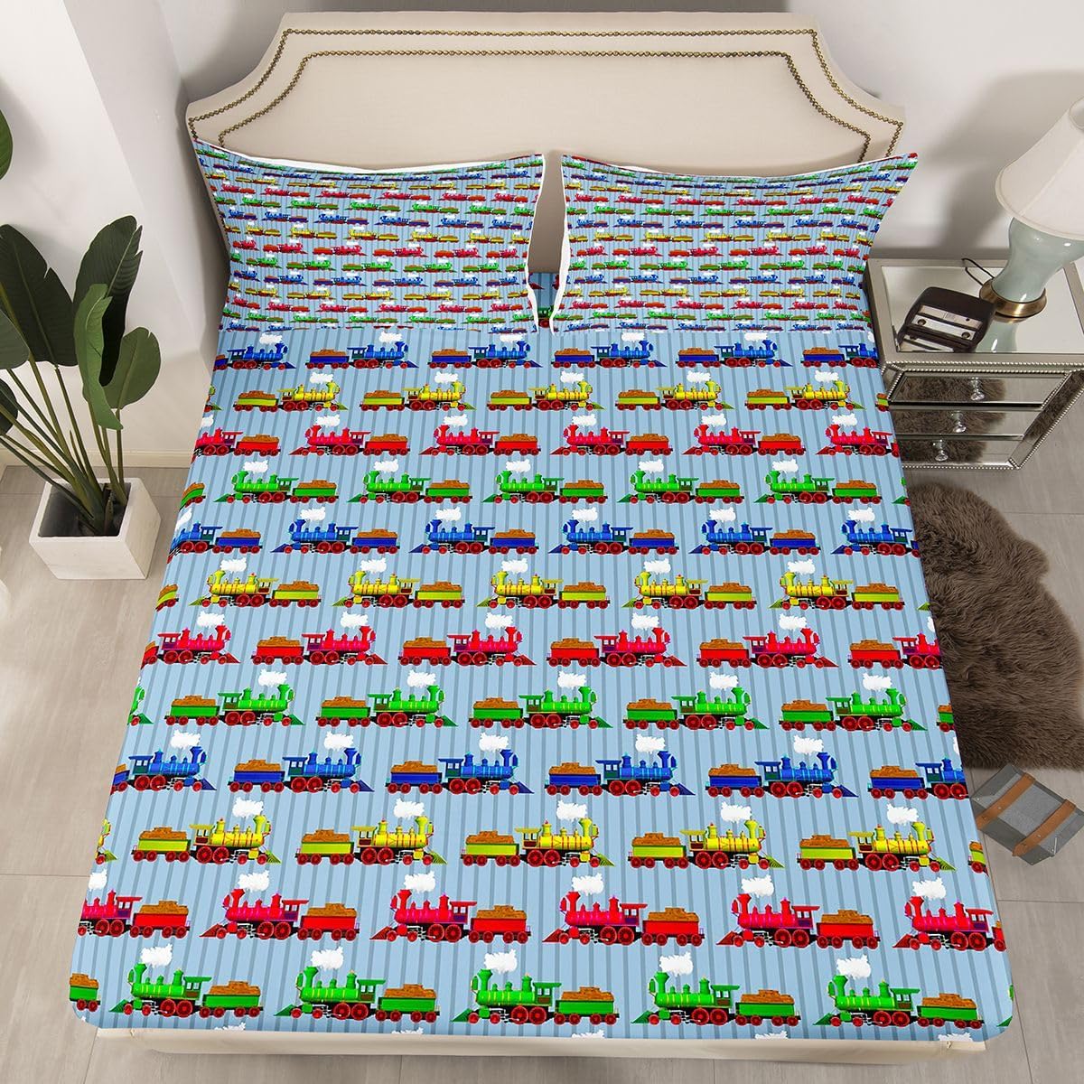 Set 1 Train Bedding Twin,Construction Train Bed Sheets Colorful Cartoon Smoking Steam Engine Fitted Bed Sheet for Kids