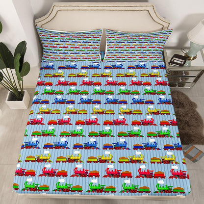 Set 1 Train Bedding Twin,Construction Train Bed Sheets Colorful Cartoon Smoking Steam Engine Fitted Bed Sheet for Kids