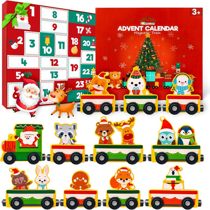 2025 Commodum Set, 24 Countdown Christmas Advent Calendar Gifts for Kids, Magnetic Wooden Animals Train Days Advent