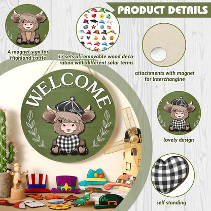 35 Pcs Patriotic Interchangeable Highland Cow Welcome Sign Highland Cow Seasonal Wooden Hanging Door Decor 4th of July Farmhouse Hanging Sign for Front Door Graduation Party Decoration(Grass Green)