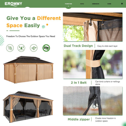 EROMMY 12'x20' Gazebo, Galvanized Steel Double Roof with Wood Grain Aluminum Frame, Outdoor Permanent Metal Pavilion with Curtains and Nettings for Patio, Backyard and Deck