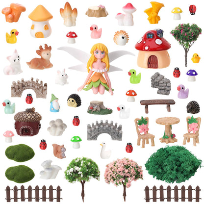 GGSTDDUP 54 Pcs Fairy Garden Accessories, Mini Resin Animals Figures, Miniature Table and Chairs, Bridge, Fence, Fairy House Kit with 50g Artificial Moss for DIY Craft Landscape Bonsai Glass Container