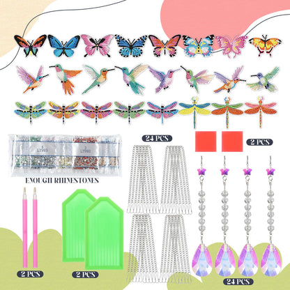 Seenelling 24 Pcs Diamond Painting Suncatcher Bulk Wind Chime Diamond Art Kits DIY Crafts with Crystal Pendant for Summer Spring Adult Window Garden Home Party Gift(Butterfly Dragonfly Bird)