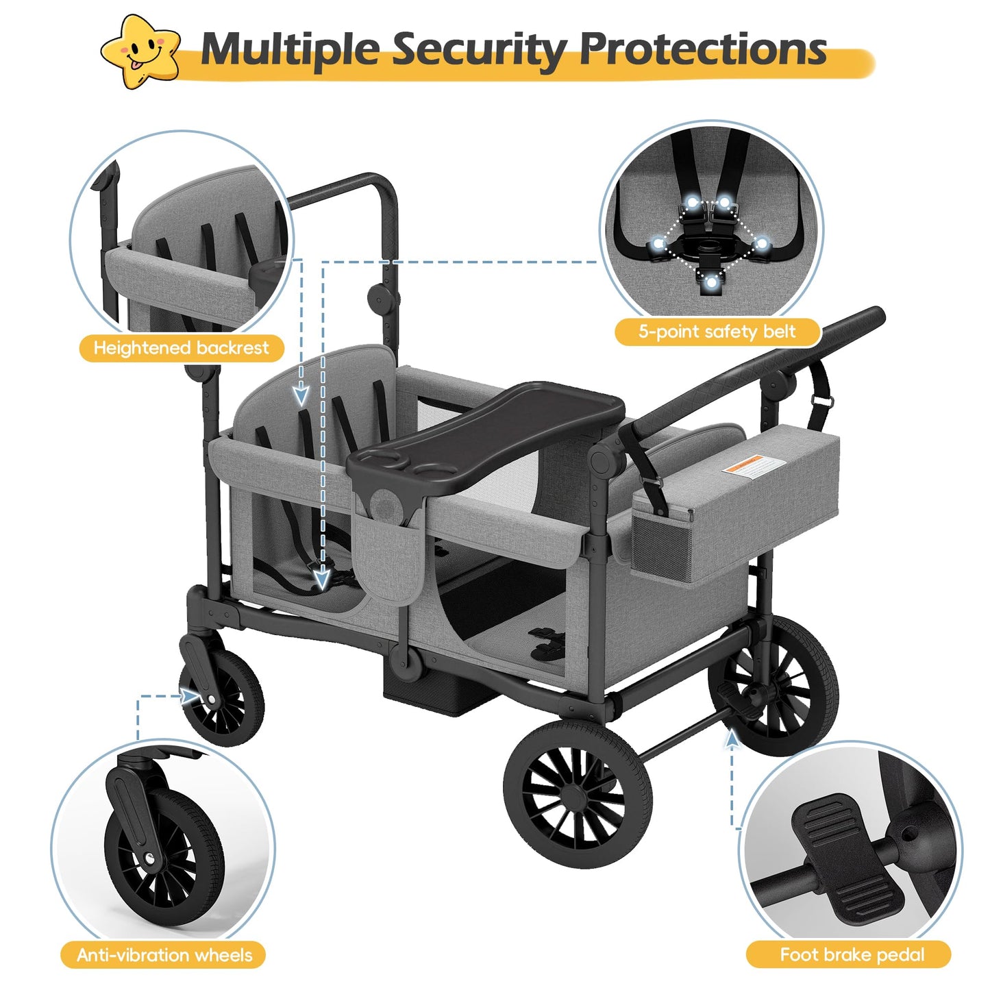 TOLEAD Wagon Stroller for 4 Kids, Foldable 4 Seats Outdoor Stroller Wagon with Canopy, Adjustable Handlebars, 5-Point Safety Harness, Detachable Tray, Portable Bag (Grey)