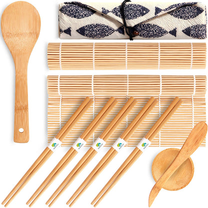 SmileTools No Plastic Bamboo Sushi Making Kit, Sushi Roller, 2 Bamboo Sushi Rolling Mats, 5 Pairs Chopsticks, Sauce Dish, Rice Paddle - Natural Sushi Maker Set for Beginners DIY Sushi at Home