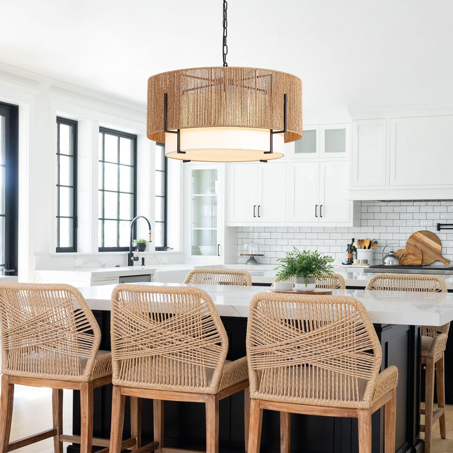25.6" Large Rattan Chandelier, 6-Light Boho Pendant Light with Fabric Shade, Farmhouse Rattan Hanging Ceiling Light Fixture for Dining Room, Living Room, Kitchen Island, Bedroom, Hallway, Foyer
